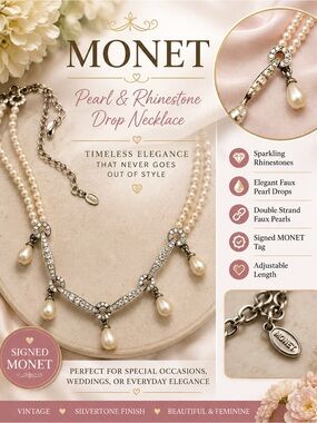 MONET Silvertone Rhinestone Necklace with Cream Pearl Drops